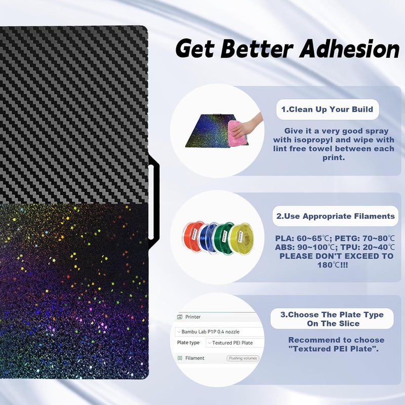 IdeaFormer-3D Flexible Rainbow Starry PEY+Carbon Fiber PET Spring Steel Plate for Bambu Lab X1 X1C X1E P1P P1S P2S A1, Double Sided Textured PEY PET Build Plate 257x257mm for Bambu 3D Printers - Image 3